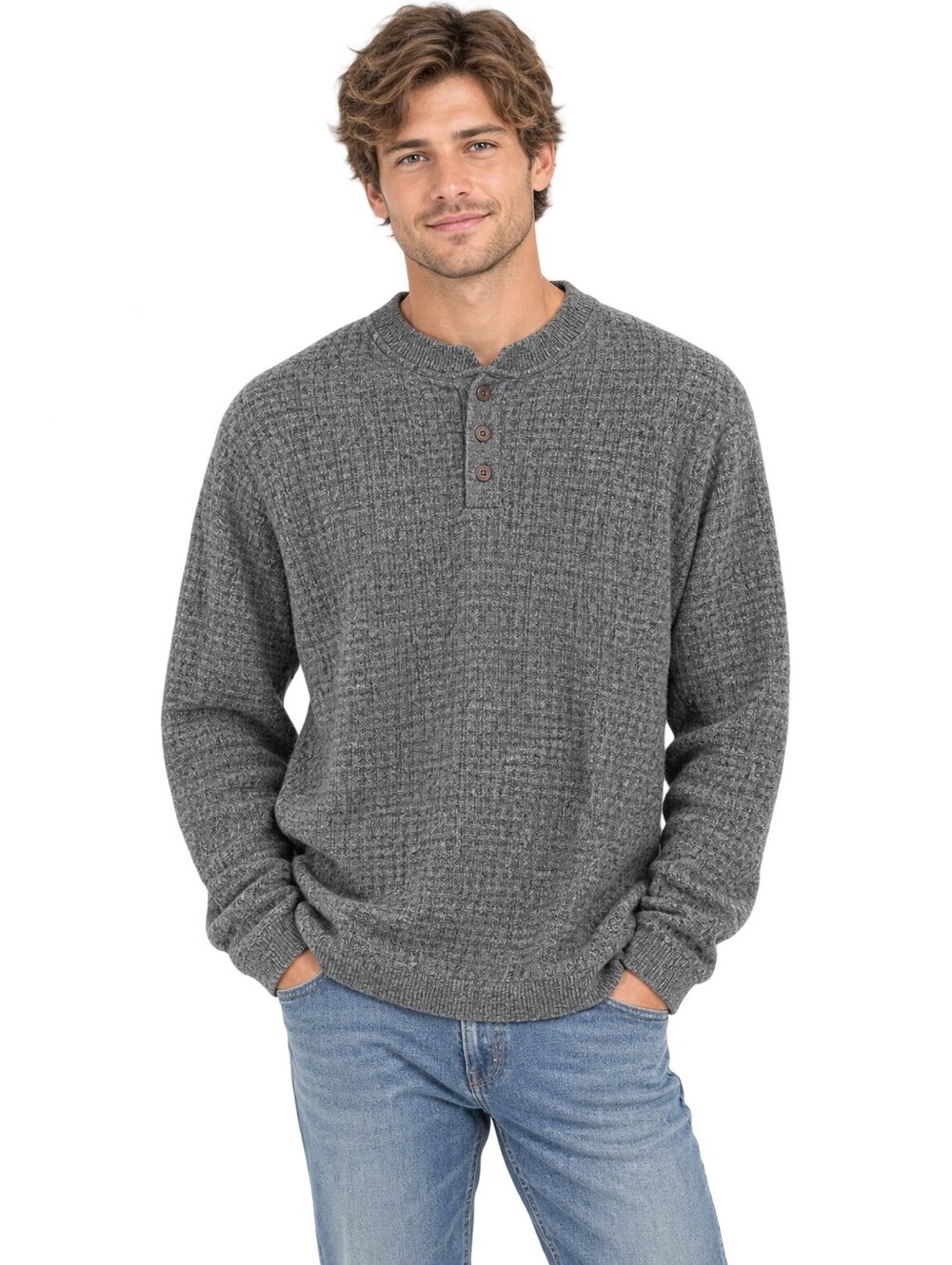 Grandpacore Vintage Haggar Waffle Knit Henley Sweater Green Cotton Blend Size S